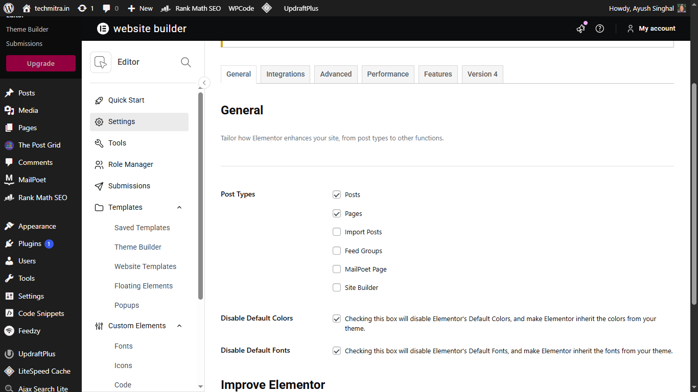Screenshot of Elementor General Settings in WordPress dashboard showing "Disable Default Colors" and "Disable Default Fonts" checkboxes enabled.